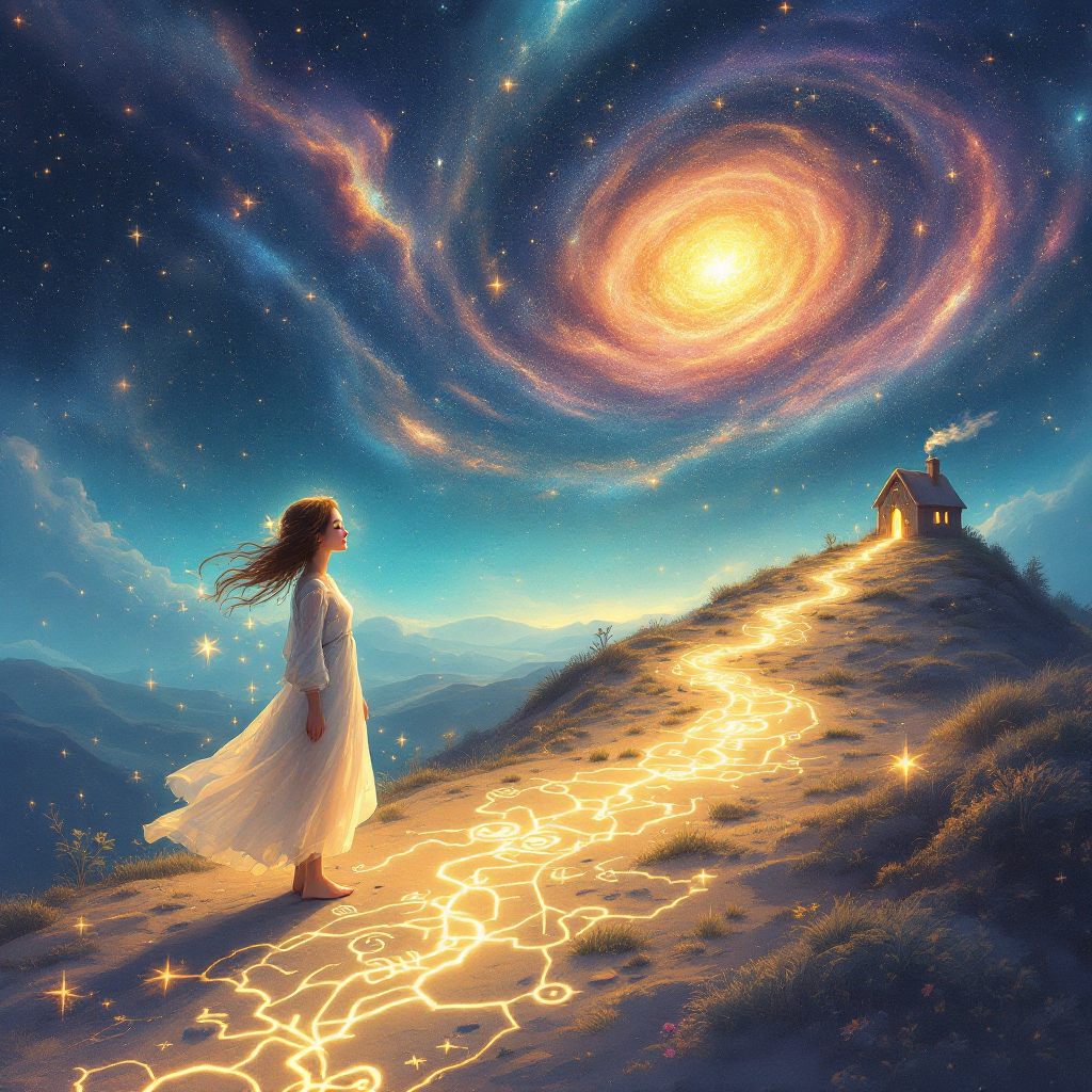 A serene figure in a flowing white dress walks along a glowing path under a starry sky, leading to a cozy house, embodying the quote about finding one's way home.