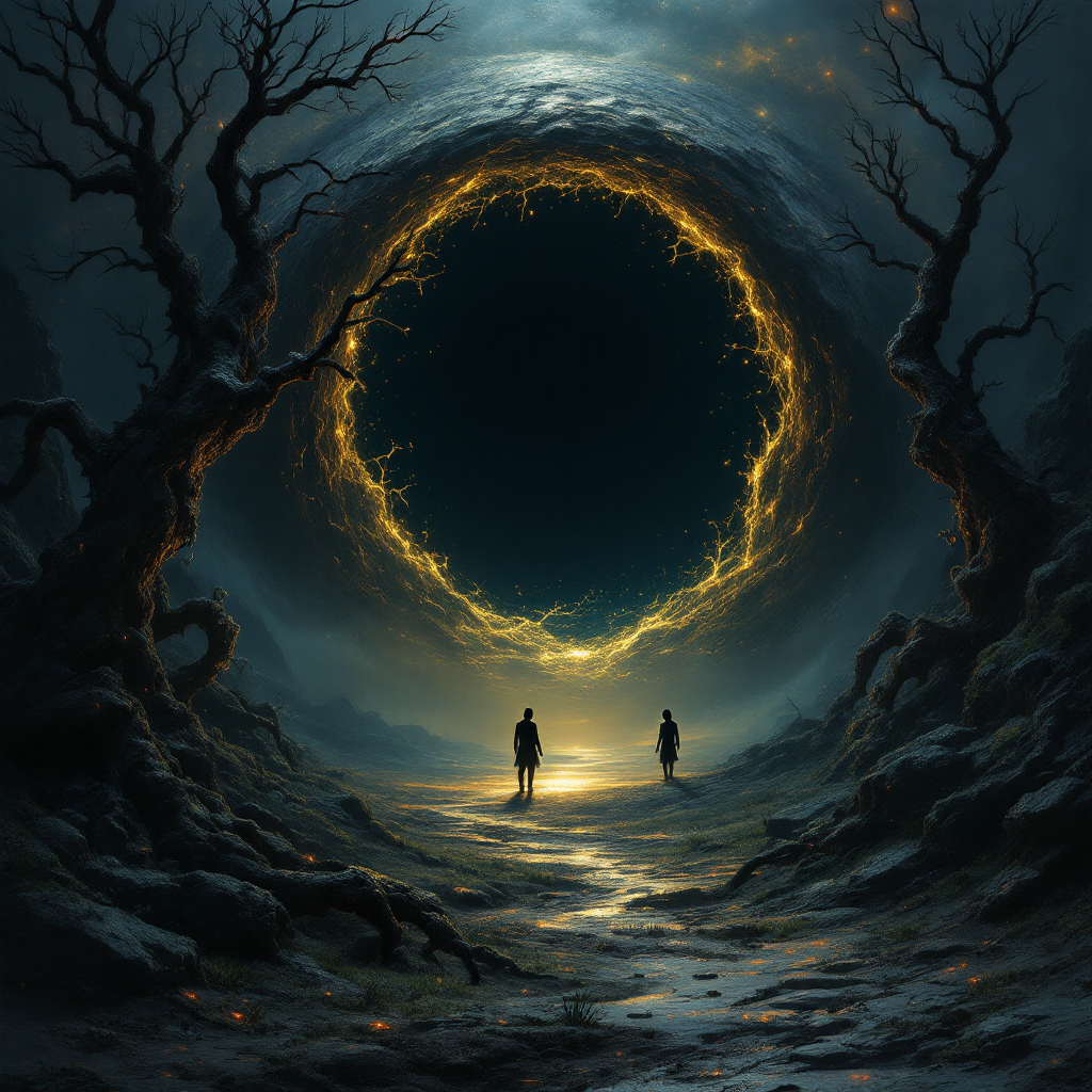 Two silhouetted figures stand before a glowing, abyss-like portal surrounded by twisted trees, capturing the essence of curiosity and fear from the quote about staring into the abyss.