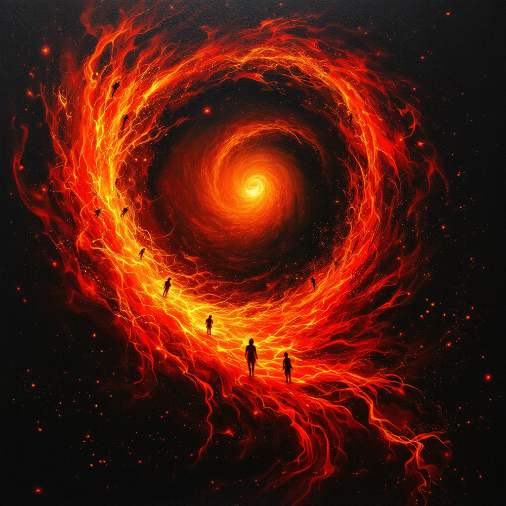 A swirling vortex of fiery orange and red emanates from a dark background, with shadowy figures walking along a glowing path, reflecting the quote on time as a great teacher that ultimately claims its pupils.