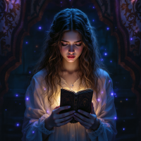 A young woman with long, wavy hair holds an illuminated diary in a dimly lit room, surrounded by sparkling lights, conveying a sense of mystery and unexpected discovery.