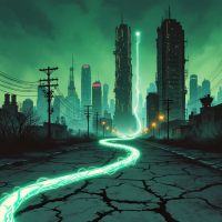 A vibrant cityscape with towering skyscrapers and a glowing electric path cutting through cracked ground, evoking the notion of electric beings and their fragile existence.