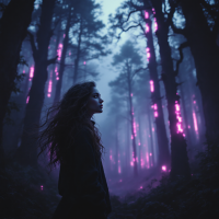 A young woman stands in a misty forest, surrounded by towering trees lit by eerie purple lights, embodying the thrill of facing fears and feeling truly alive.