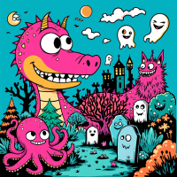 A whimsical landscape features a friendly pink dragon and a cheerful purple wolf among playful ghosts and colorful sea creatures, embodying the idea that monsters can have friendly faces.