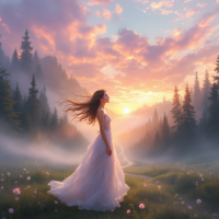 A woman in a flowing white dress stands in a misty meadow, gazing at a vibrant sunset, embodying the quote about the heart guiding us back home in a vast world.