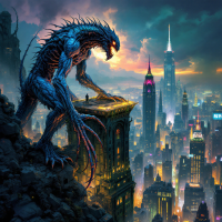 A towering monster looms over a vibrant city skyline at dusk, embodying the essence of the quote: The real world is where the monsters are.