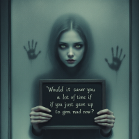 A haunting figure with glowing eyes holds a sign reading, Would it save you a lot of time if you just gave up and went mad now? Shadowy hands press against the glass behind her.