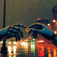 Two robotic hands nearly touching, one holding a small nut, set against a rainy, blurred cityscape at night, symbolizing a lonely piece in an unyielding machine.