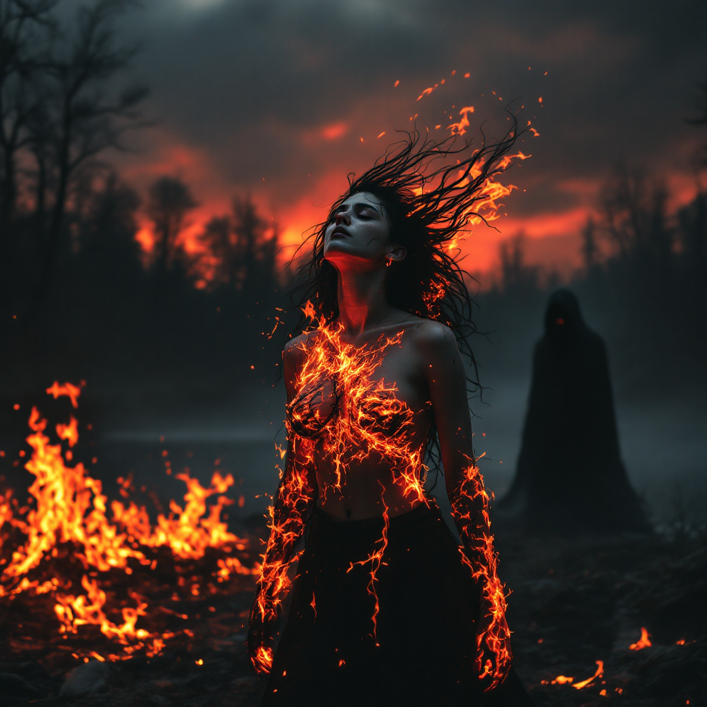 A woman stands engulfed in flames, embodying the intensity of passion and sacrifice, with a shadowy figure behind her amidst a dramatic, fiery backdrop.