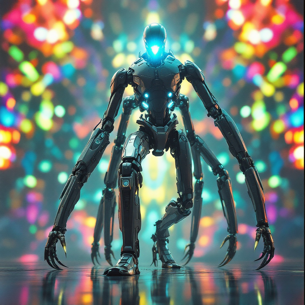 A futuristic robot with an elongated body and eight flexible legs stands confidently against a vibrant, colorful background, showcasing its powered-up systems and glowing features.