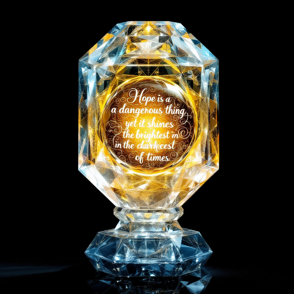 A crystal vase emits warm light, showcasing the quote: Hope is a dangerous thing, yet it shines the brightest in the darkest of times, set against a dark background.