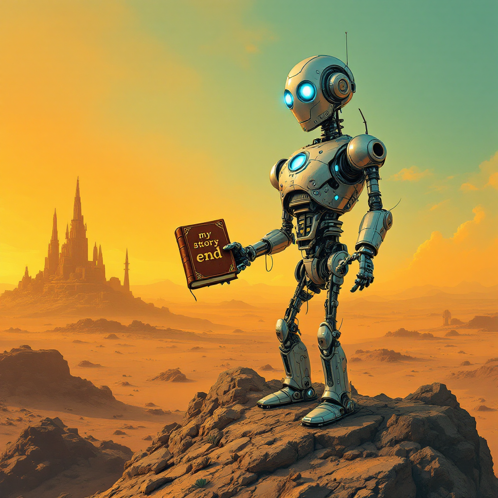 A robotic figure stands on a rocky outcrop, holding a book titled Your Story. In the background, a futuristic castle rises against a vibrant sunset sky, symbolizing a journey through life and death.