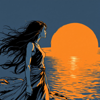 A woman stands by the shore, gazing at a large, vibrant orange sun setting over the water, embodying the courage and risk of playing to win, even with her heart on the line.