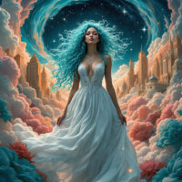 A woman with flowing turquoise hair stands in a billowing white dress, surrounded by vibrant clouds and a cosmic sky, symbolizing the lies we create and live within.