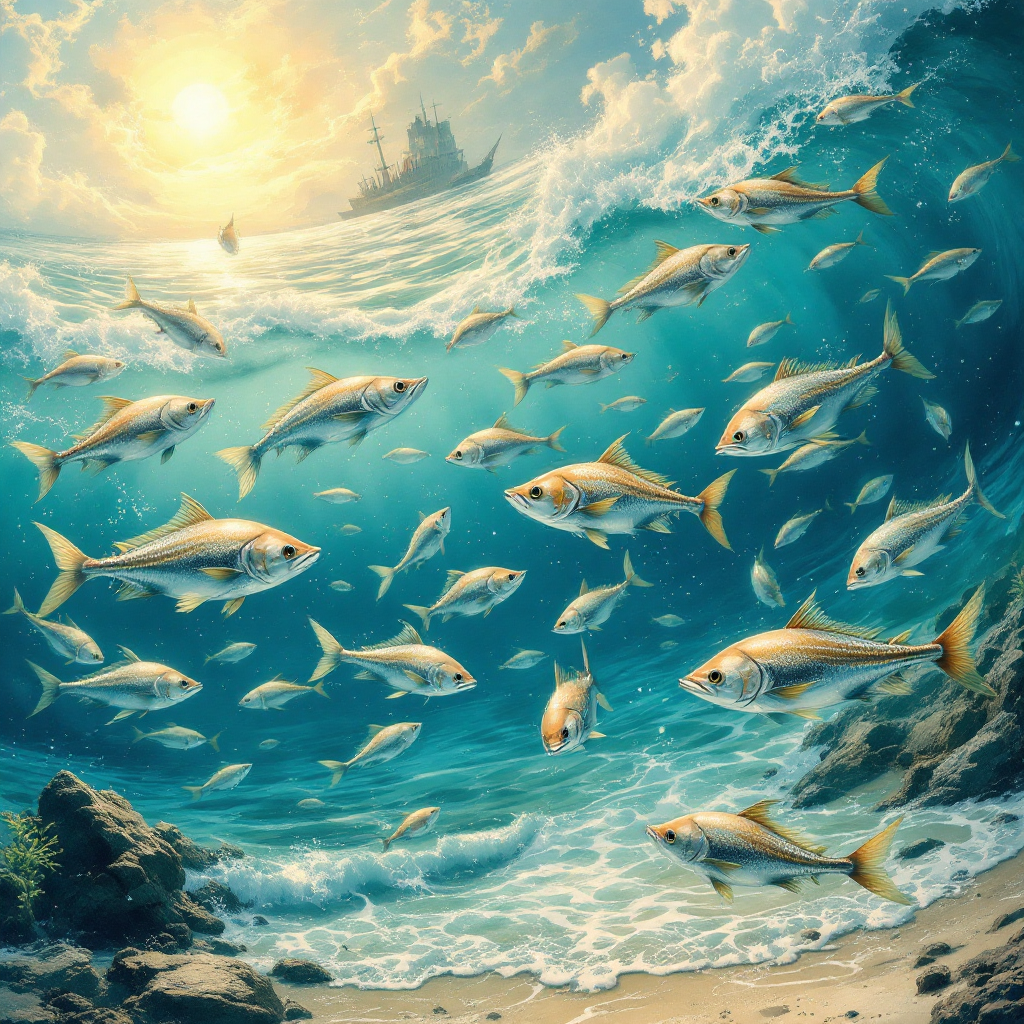 An underwater scene filled with shimmering fish swimming through vibrant ocean currents, illuminated by sunlight streaming from above, reflecting the idea of time as an ocean shaping destinies.