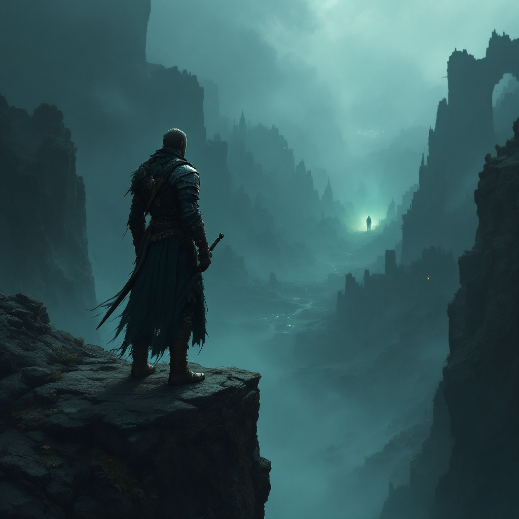 A lone warrior stands on a rocky ledge, overlooking a misty, ethereal landscape filled with jagged cliffs and a faint, glowing figure in the distance, embodying the courage to keep going.