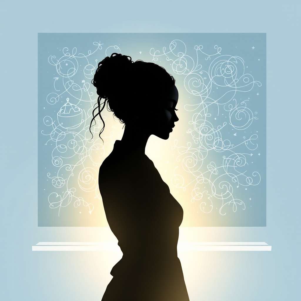 A silhouette of a woman stands confidently against a light background, symbolizing the dedication of a teacher, with whimsical illustrations glowing behind her.