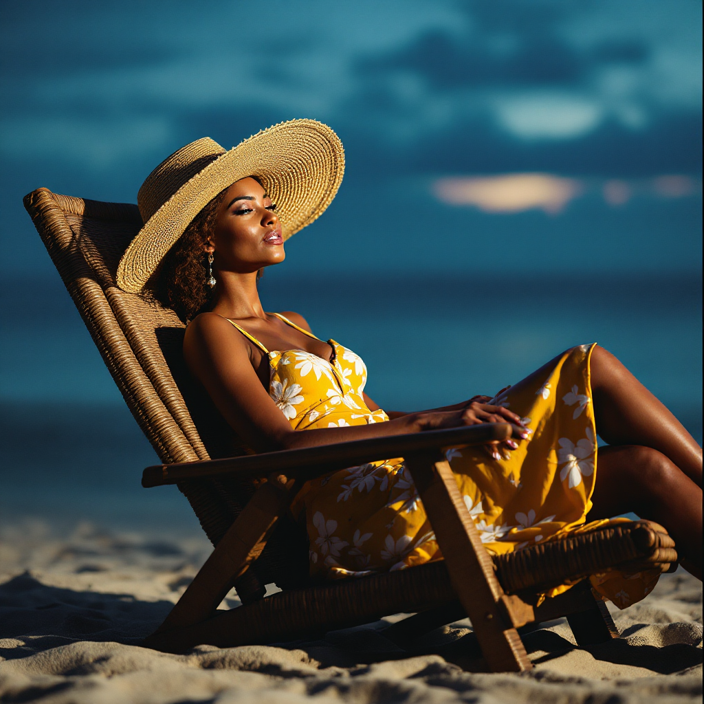 Diane reclines in a wooden deck chair on the beach at dusk, wearing a yellow sundress and a wide straw hat, her smooth nut-brown skin softly illuminated against the darkening sky.