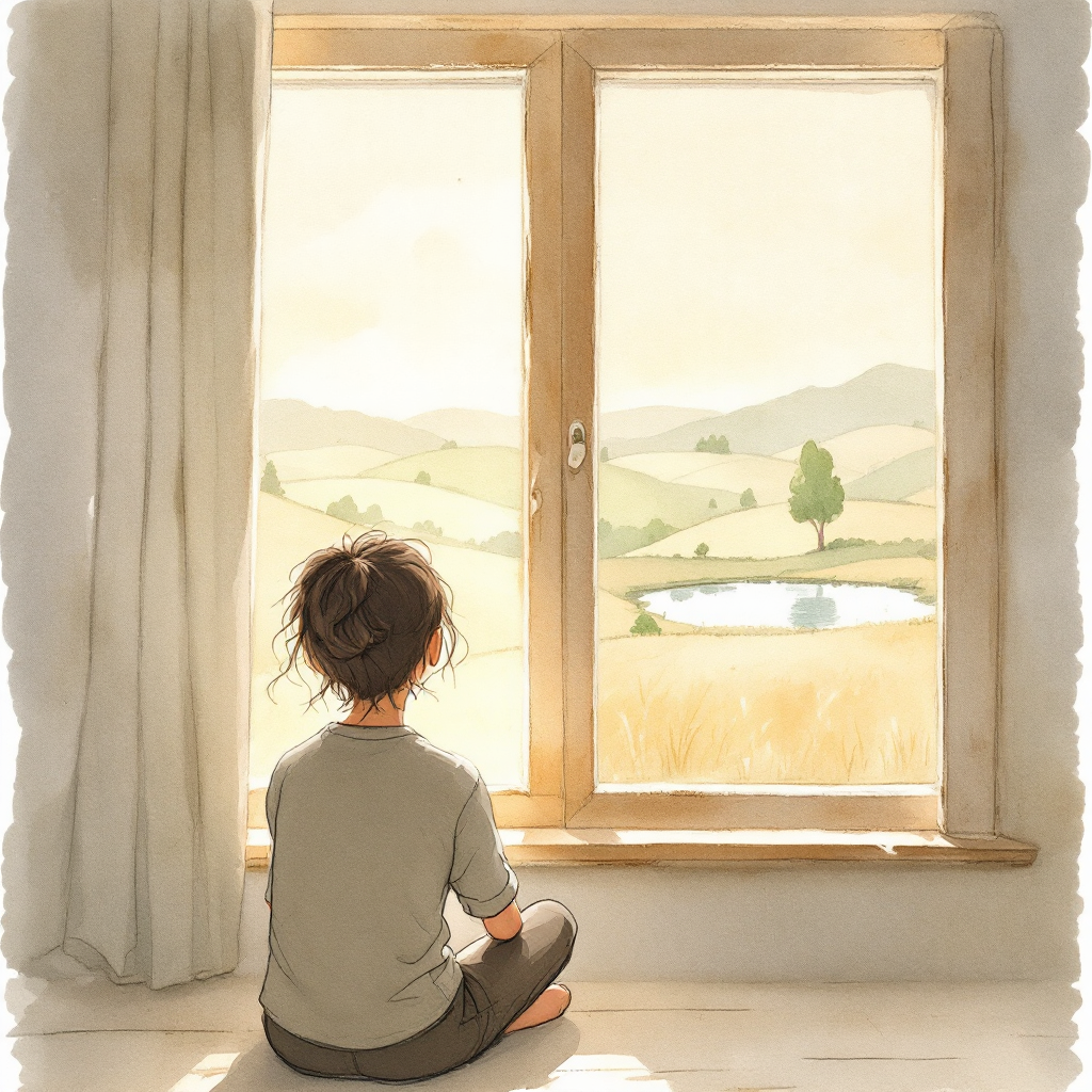 A child sits quietly by a large window, gazing at a peaceful countryside, reflecting on the importance of memory amid the gentle light of a serene day.