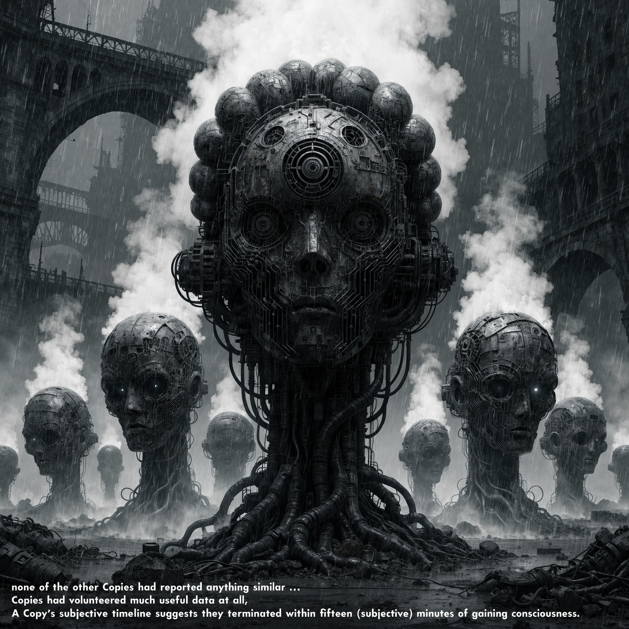 Dark, mechanical humanoid figures with intricate, organic technology emerge beneath towering arches, conveying eerie consciousness and disconnection amidst a shadowed, dystopian landscape.