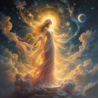 A luminous figure surrounded by swirling clouds and cosmic elements embodies hope, guiding through the dark cosmos, radiating warmth and light against a starry backdrop.