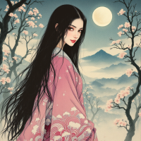 A serene woman in a flowing pink kimono stands amidst cherry blossoms under a moonlit sky, embodying the duality of hope as both dangerous and life-sustaining.