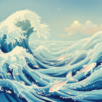 A vibrant ocean scene with rolling waves and fish swimming, embodying the quote about time as the ocean and life as fish navigating unseen currents.