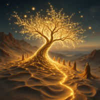 A glowing tree stands in a surreal landscape, its roots shimmering with golden light, while shadowy figures gather nearby, embodying the essence of the quote: Nothing is ever quite what it seems.