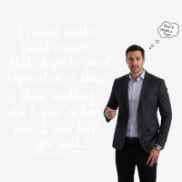 A man in a suit stands confidently, gesturing with one hand. Text in the background highlights the importance of consent and respect in discussions of sexuality and submission.