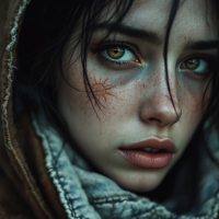 A close-up portrait of a young woman with striking green eyes and freckles, wrapped in a rugged, heavy hoodie, conveying a sense of resilience amid a harsh world.