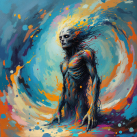 A surreal figure emerges from a vibrant, swirling background, embodying the essence of a traveler not just in movement, but in transformative encounters.