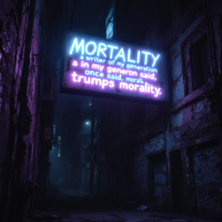 A dimly lit alley features a glowing neon sign reading MORTALITY, a writer of my generation once said, trumps morality, illuminating the gritty surroundings in purple hues.