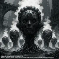 Dark, mechanical humanoid figures with intricate, organic technology emerge beneath towering arches, conveying eerie consciousness and disconnection amidst a shadowed, dystopian landscape.