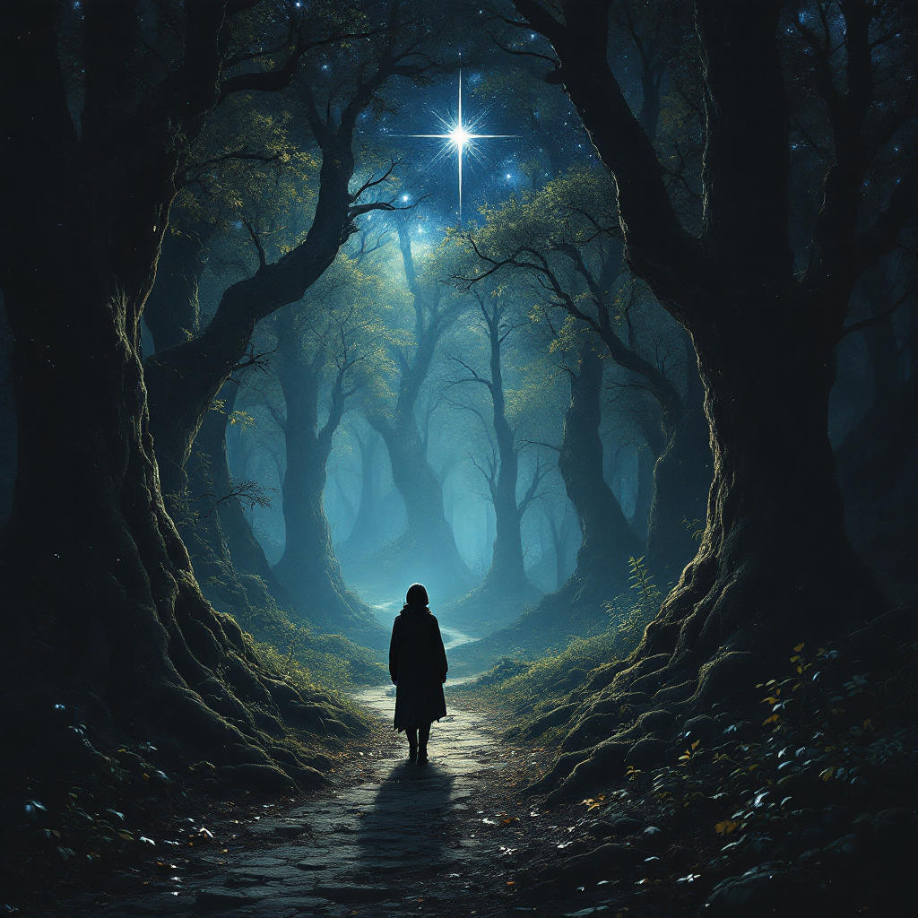 A figure stands in a dark, mystical forest, illuminated by a bright star above, representing hope in the quote: Hope is but a star in the infinite sky—distant, yet it illuminates our darkest paths.