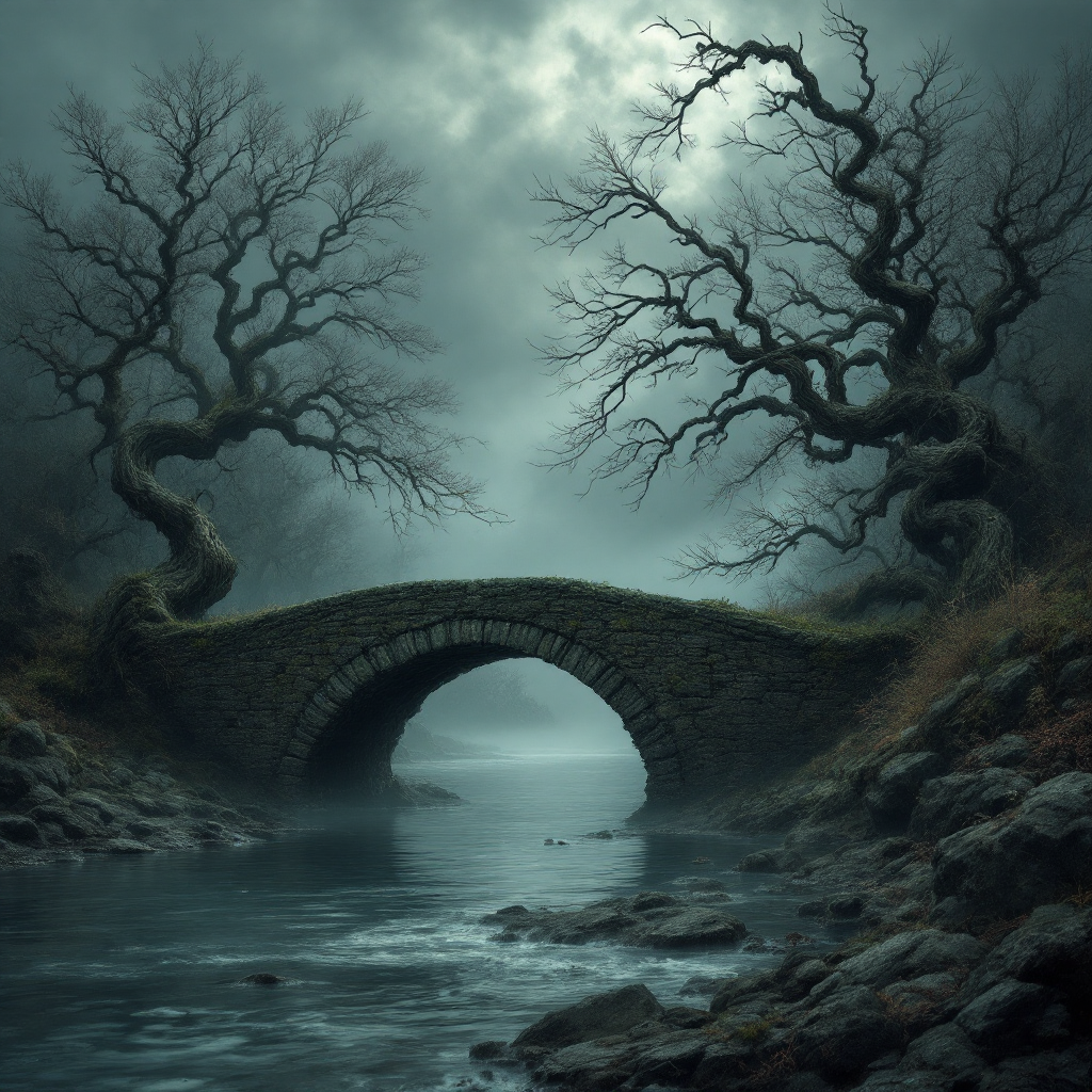 A weathered stone bridge arches over a misty river, flanked by gnarled trees under a brooding sky, encapsulating the struggle between past remnants and the desire to break free.