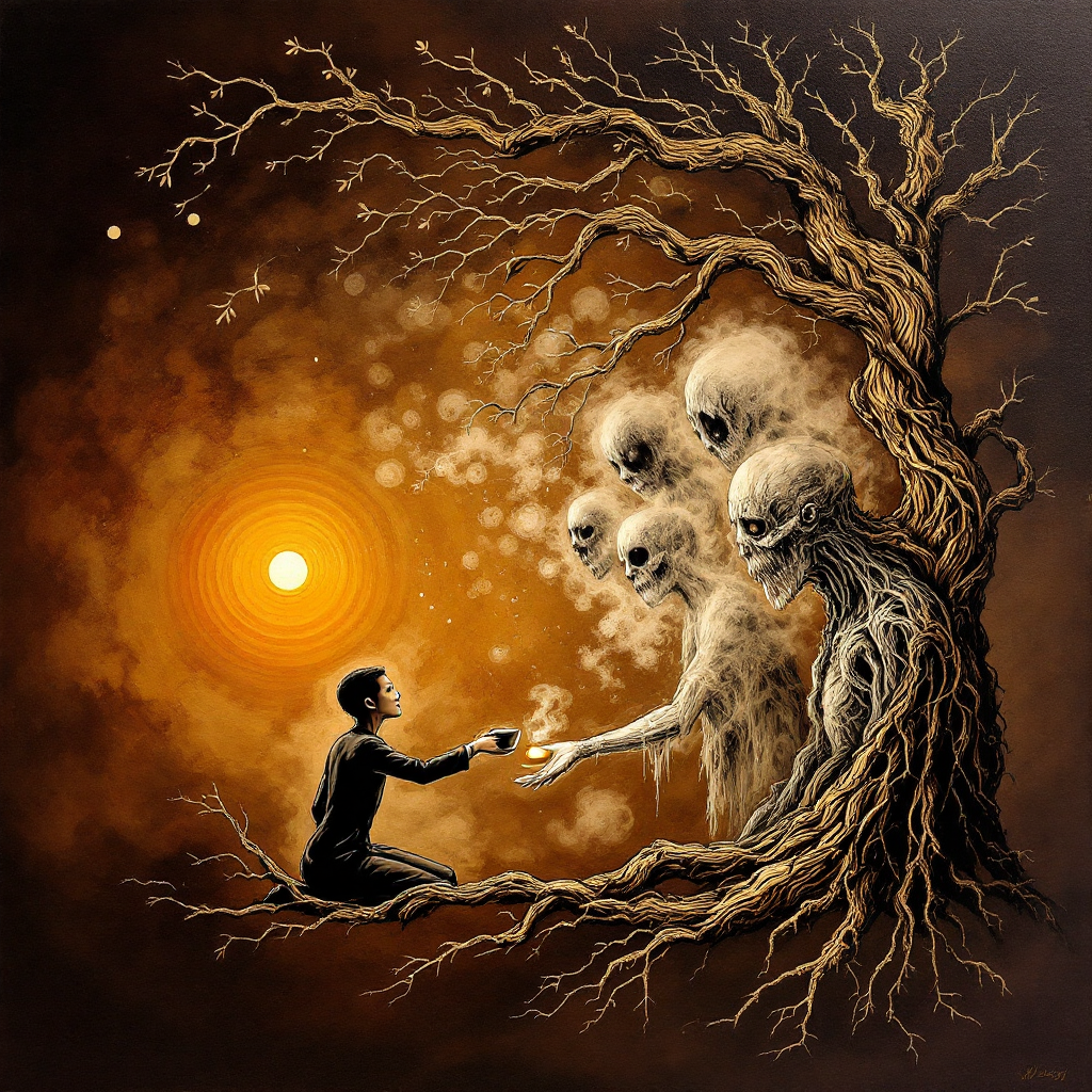 A silhouetted figure offers a small object to ghostly, ethereal beings emerging from a gnarled tree, set against a glowing sun, symbolizing the spectrum between selflessness and selfishness.