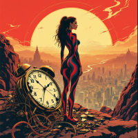 A figure in a colorful bodysuit stands on a rocky ledge, overlooking a city at sunset, with an antique clock lying beside her, symbolizing the need to let go of the past to embrace the future.