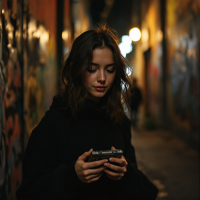 A young woman stands in a dimly lit alley, focused on her phone, surrounded by vibrant graffiti that reflects the choices defining the rhythm of her life. Warm lights illuminate the scene.