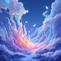 A vibrant sky filled with swirling clouds in shades of pink, blue, and purple, illuminated by a radiant light, as white birds soar above a tranquil sea, embodying the concept of freedom.