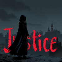 A cloaked figure stands on a rooftop overlooking a city at dusk, with the word Justice boldly written in red, embodying the complexity and unexpected nature of justice.