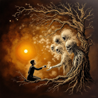 A silhouetted figure offers a small object to ghostly, ethereal beings emerging from a gnarled tree, set against a glowing sun, symbolizing the spectrum between selflessness and selfishness.