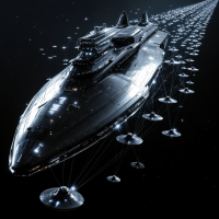 A massive mothership leads a fleet of 500 smaller crewed craft, connected invisibly by fine holeworm threads, all traveling through dark space.