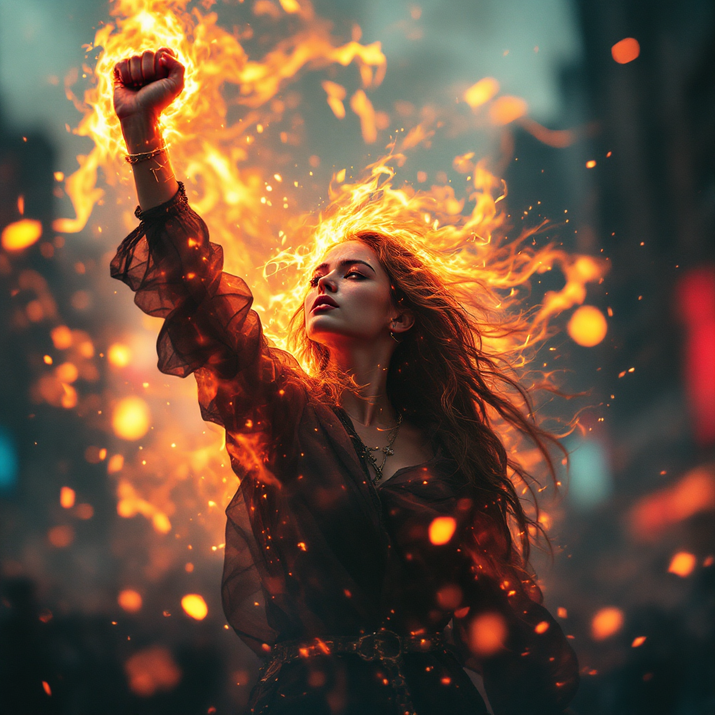 A fierce woman raises her flaming fist against a dark backdrop, embodying strength and rebellion, resonating with the quote about igniting change and breaking free.