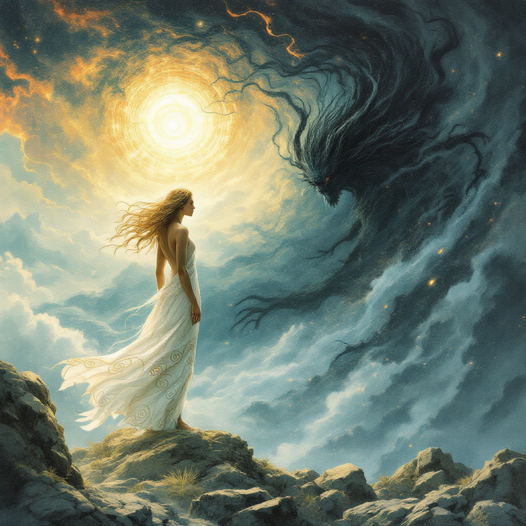 A woman in a flowing white dress stands on rocky terrain, gazing at a shadowy figure against a radiant sky, illustrating the blurred lines between gods and daemons.