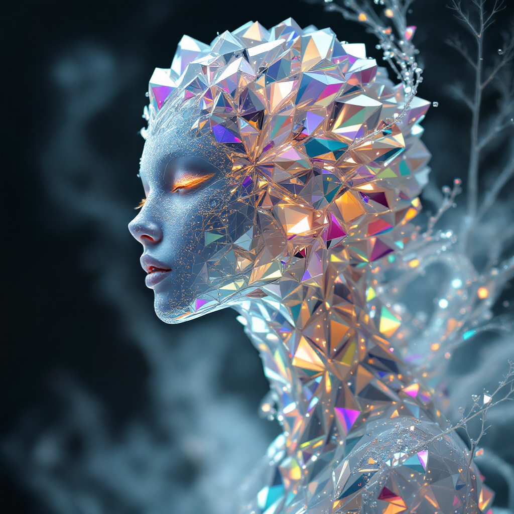 A crystalline humanoid figure with shimmering, multifaceted skin reflects light in vibrant colors, symbolizing adaptation and evolution in a mystical, ethereal setting.