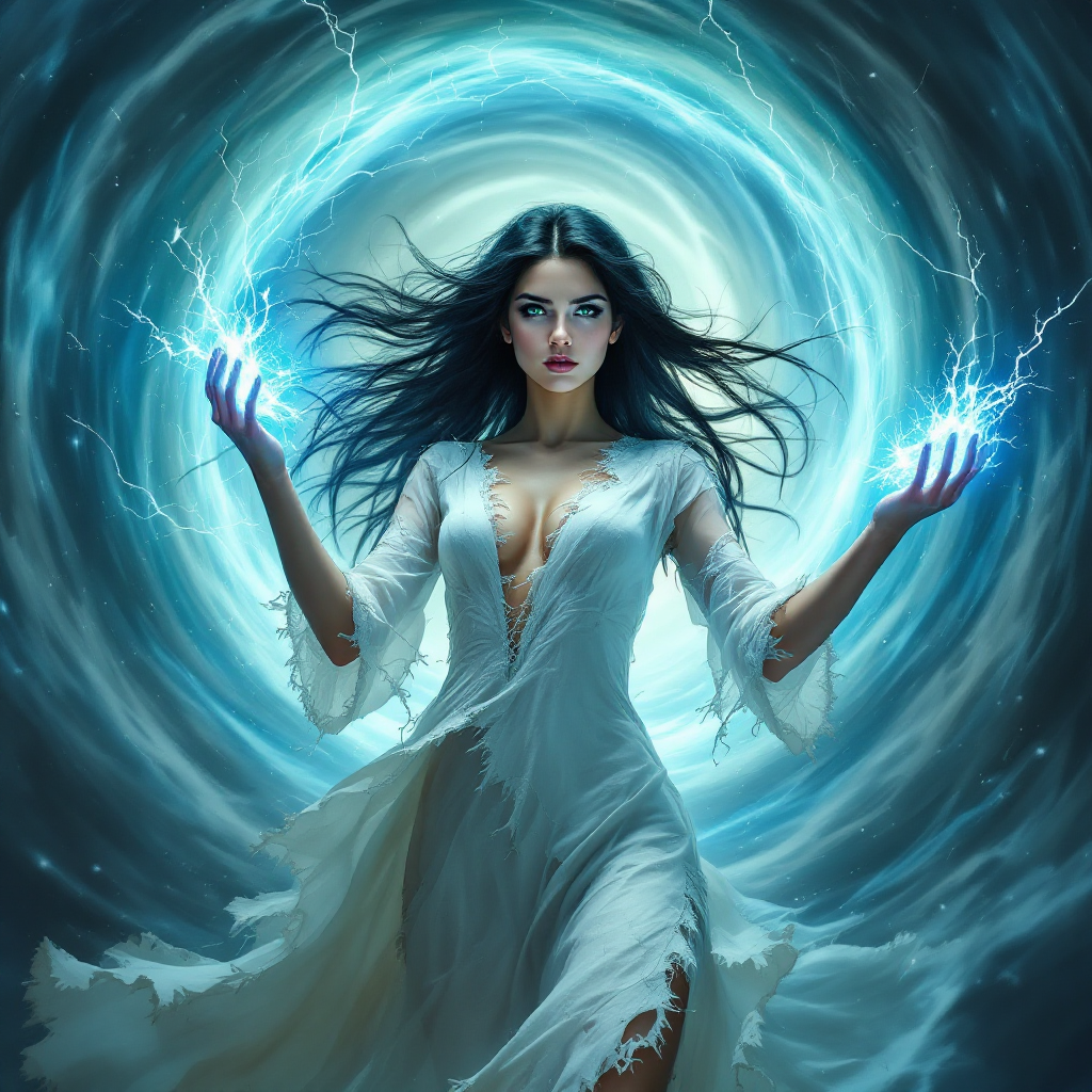 A powerful figure in a flowing white dress stands amidst swirling energy, hands glowing with blue light, embodying strength and the desire to be recognized as a person, not a burden.