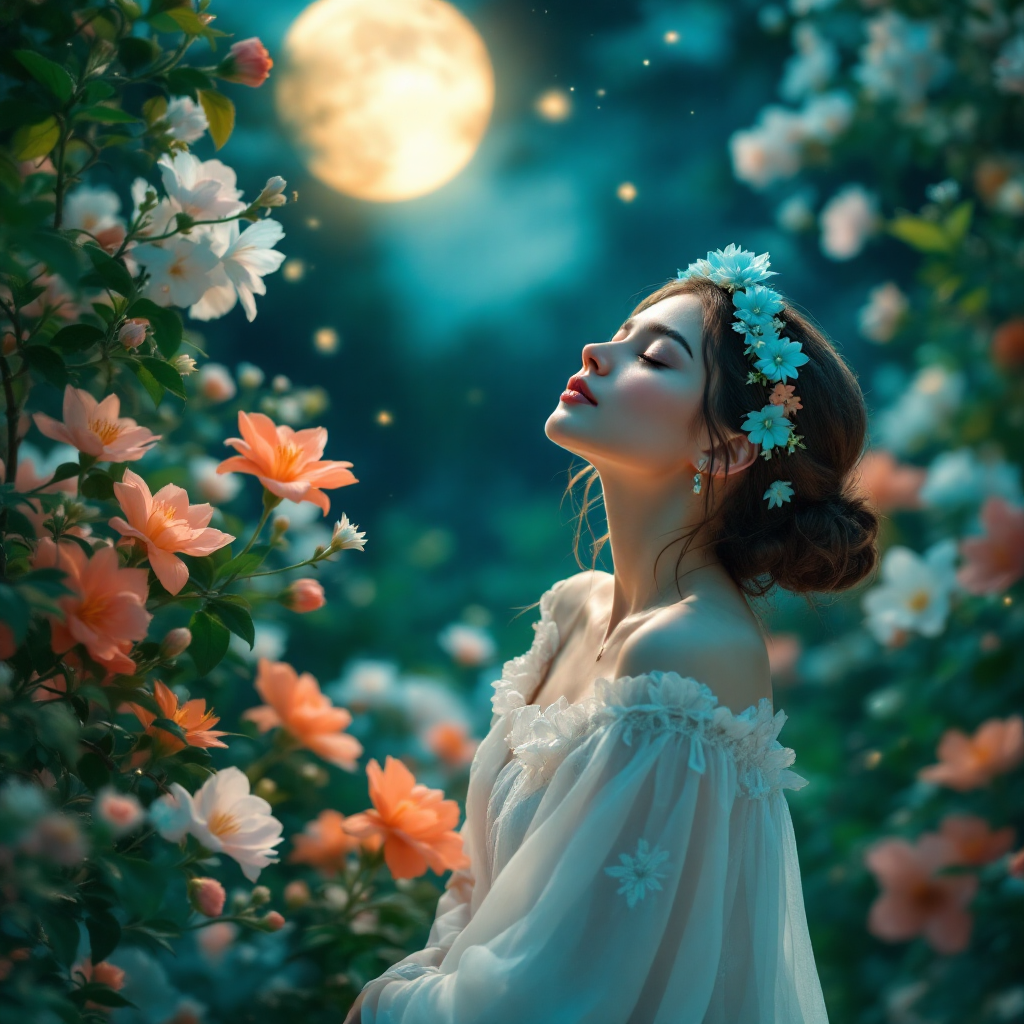 A serene woman adorned with flowers stands amidst vibrant blooms under a glowing moon, embodying the essence of beauty felt deeply within the heart.