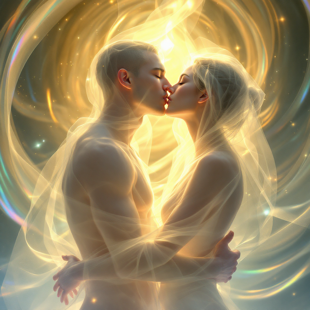 A glowing couple is tenderly kissing, surrounded by ethereal light and swirling patterns, embodying the essence of love through their intimate connection.