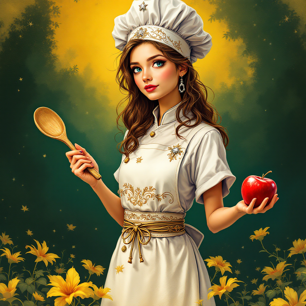 A poised young chef stands in a vibrant field of sunflowers, holding a wooden spoon in one hand and a shiny red apple in the other, embodying the importance of doing things right.