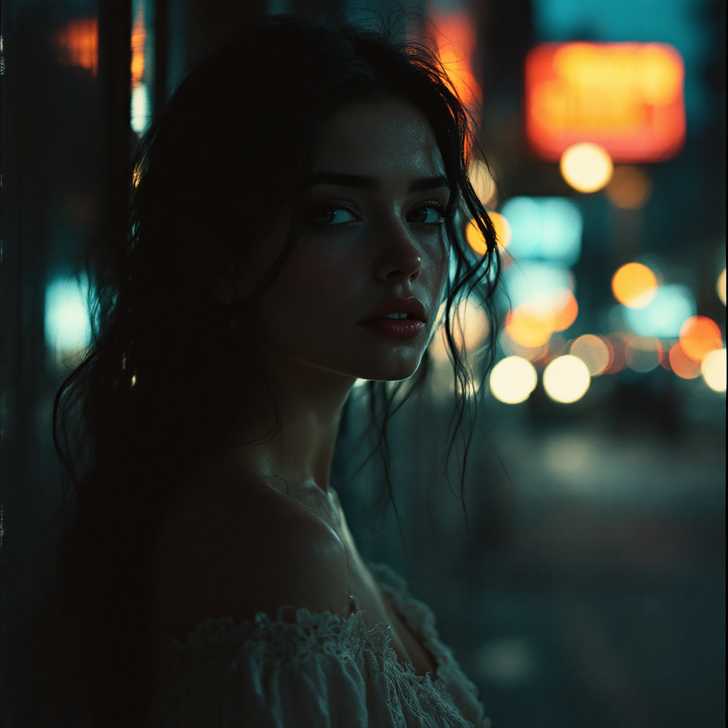 A young woman gazes intensely over her shoulder, illuminated by urban lights at dusk, embodying the theme of sacrifice in love.