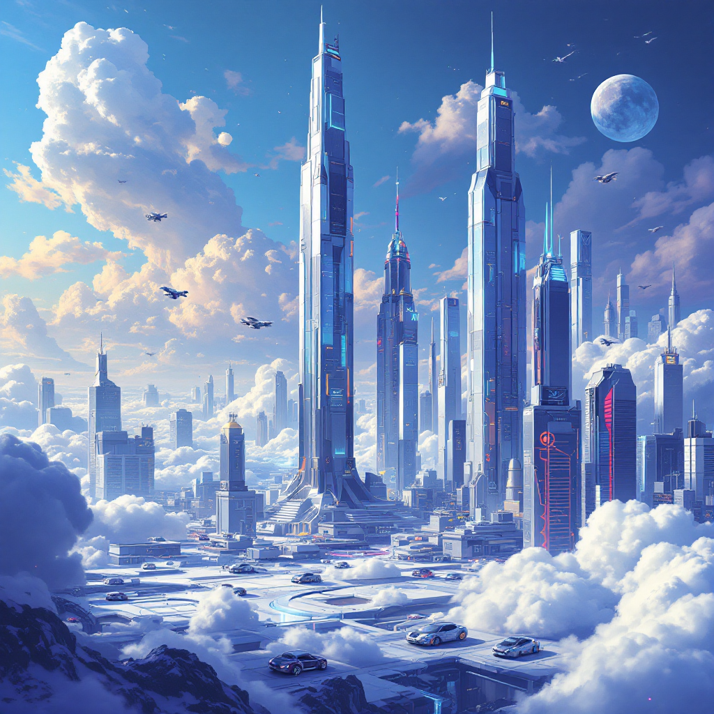 A vibrant, futuristic cityscape with towering skyscrapers piercing the clouds under a serene blue sky, evoking a sense of limitless possibility and the quest for creative expression.